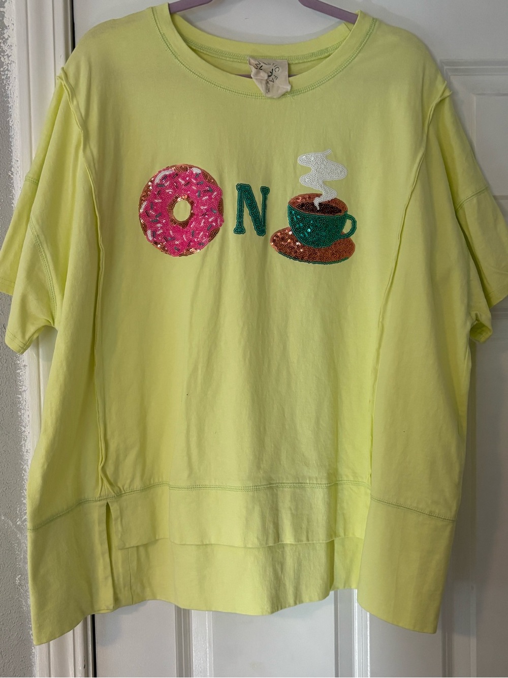Fantastic Fawn Neon Yellow Short Sleeve Tee with Donut & Coffee Appliqué